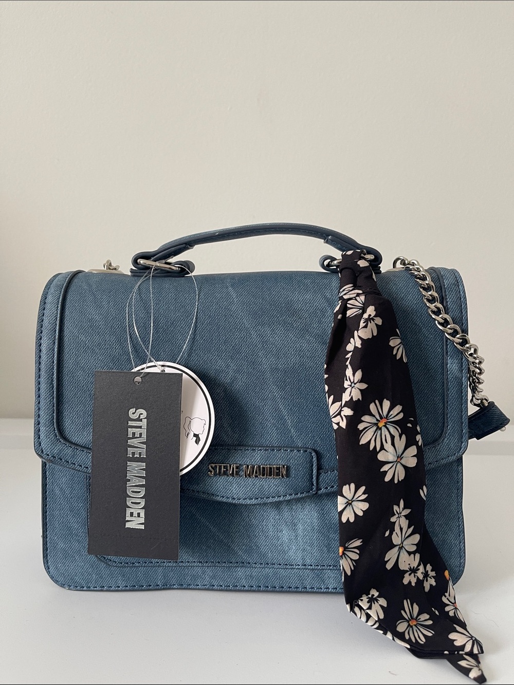 Steve Madden Denim Blue Crossbody Satchel with Floral Scarf Accent